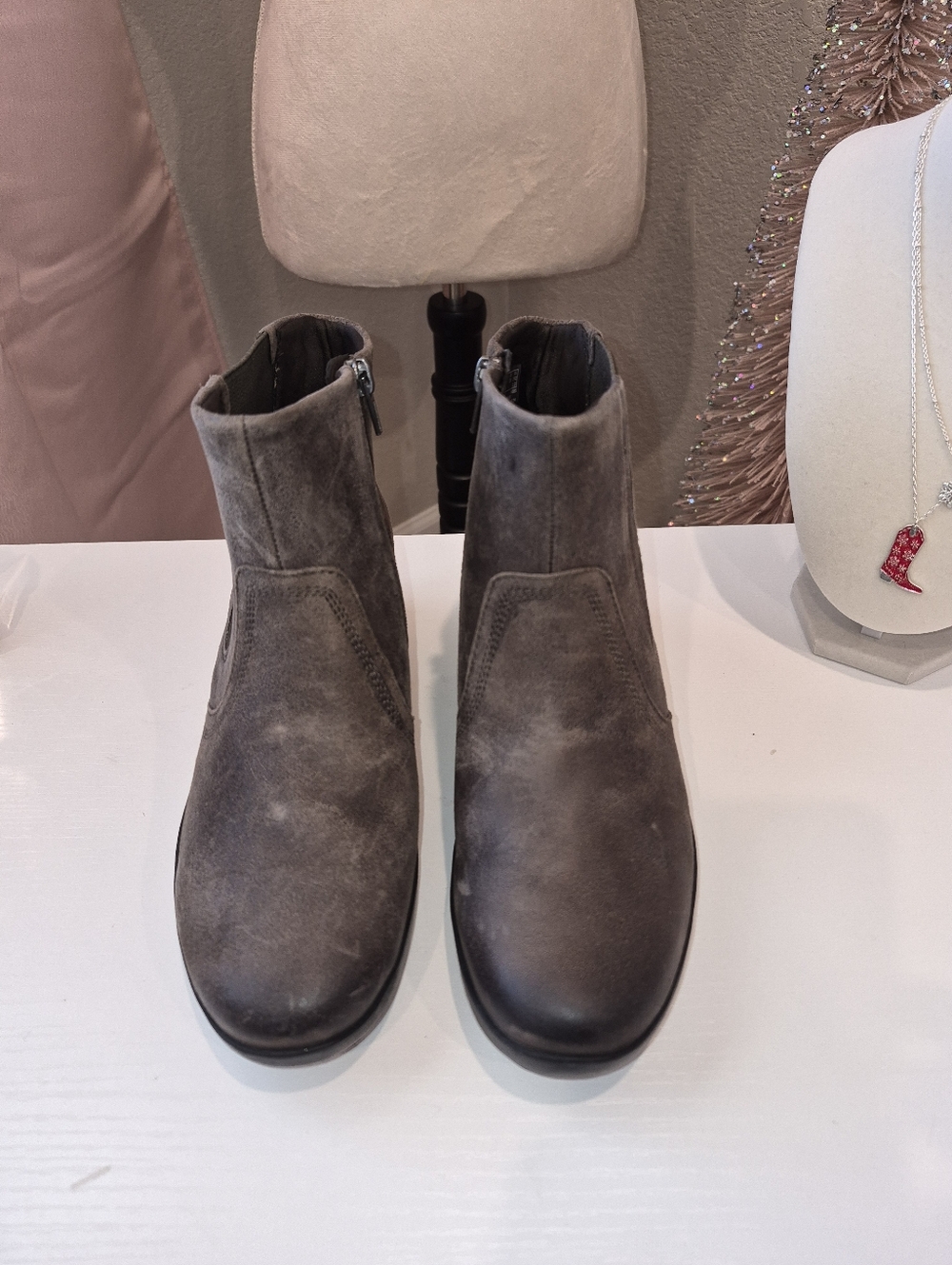 Clarks Gray Suede Ankle Boots with Side Zip NWB But A Couple Of Scuffs